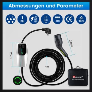 Junsun Typ 2 EV Ladegerät: Steuerbox, 4m Kabel, Haushaltsstecker, Typ 2 Stecker und Tasche. Für Elektrofahrzeuge bis 3.5kW.