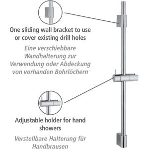 Wenko Duschstange Classic Chrom, 70 cm, mit verstellbarem Brausehalter und verschiebbarer Wandhalterung.