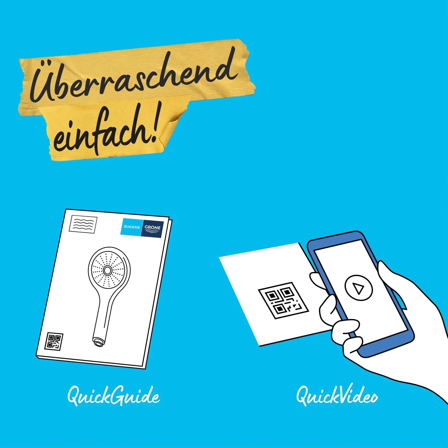 Grohe QuickFix Handdusche: Illustration von QuickGuide und QuickVideo für einfache Installation.