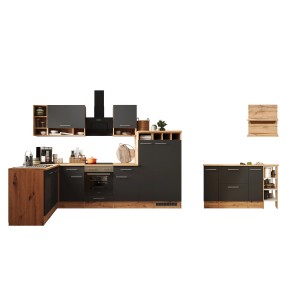 Respekta Küchenblock Hilde 310 cm mit Kücheninsel in Grau und Holzoptik.