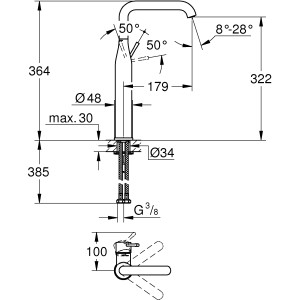 Technische Zeichnung: Grohe Essence XL Waschtischarmatur, Hard Graphite, mit Maßen.