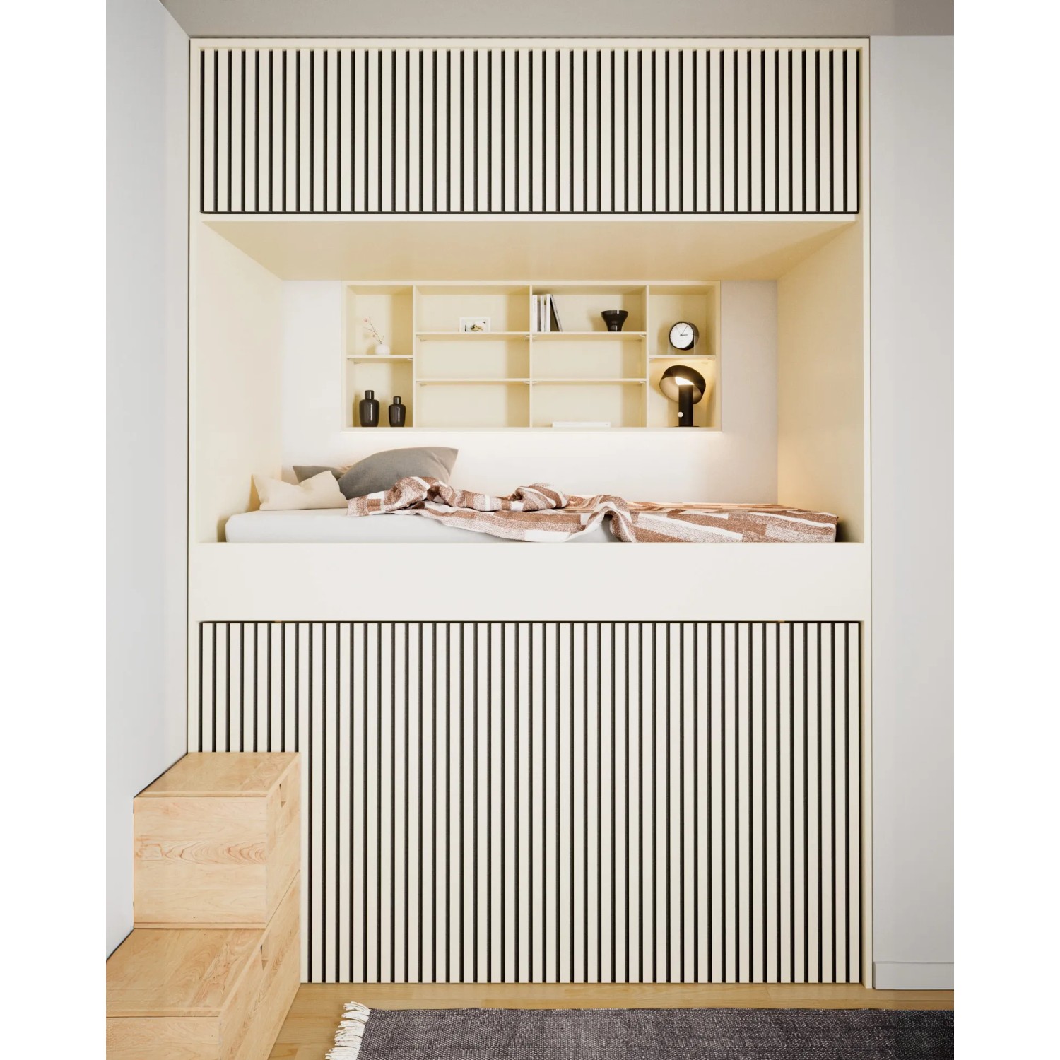 Raum mit Akustikpaneel Linoleum Pearl, MDF schwarz, Filz schwarz, 60x240 cm, für Wand- und Deckenverkleidung.