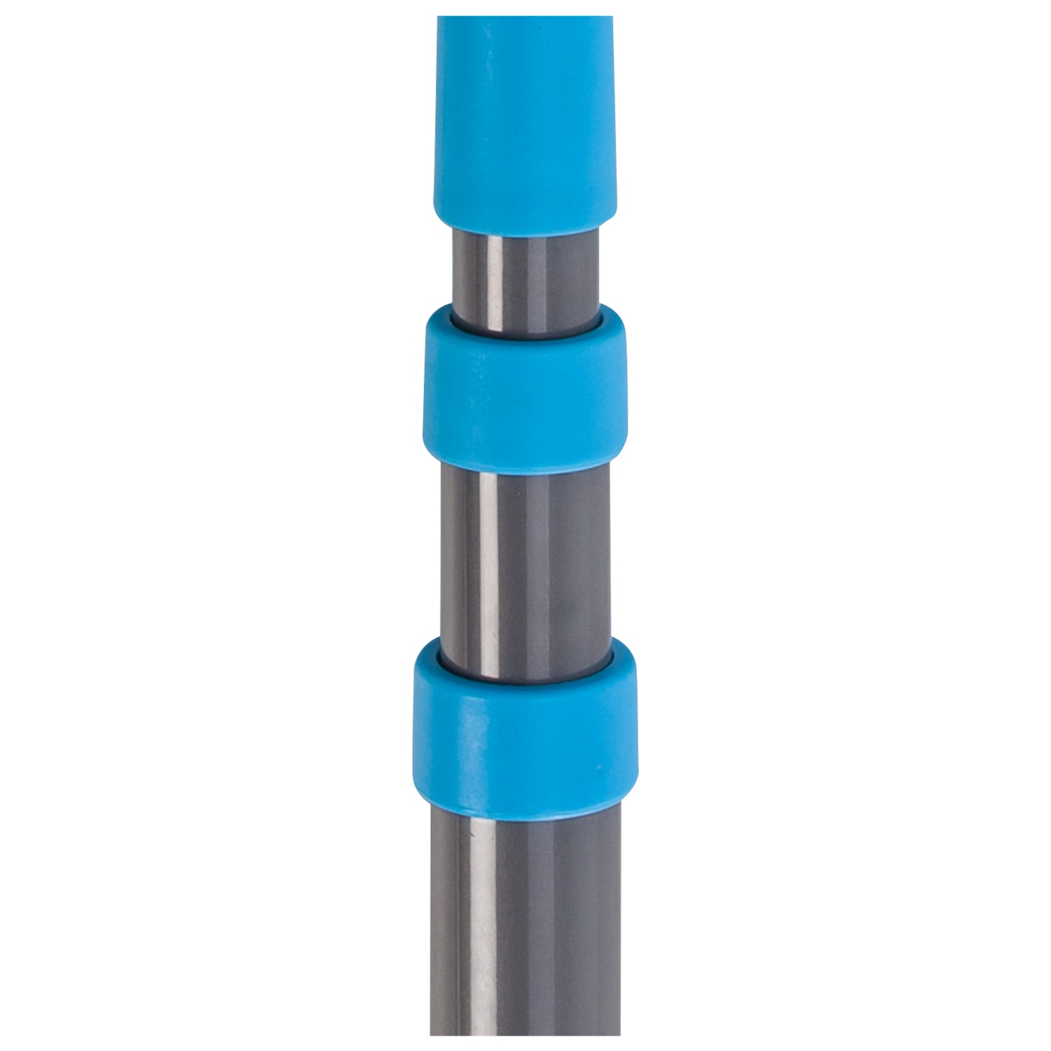 Detailaufnahme des teleskopierbaren Metallstiels vom OBI Dachrinnenbesen 2-in-1 mit blauen Elementen.