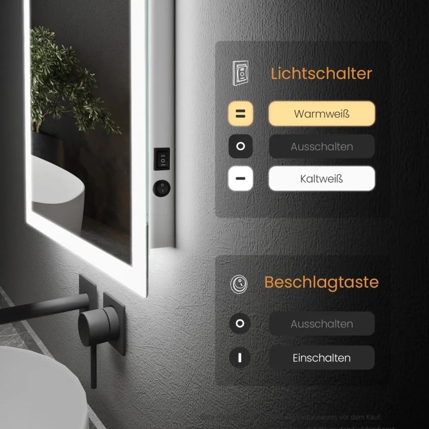 Emke LED Badspiegel mit beleuchteten Kanten, Kippschalter. Zeigt Kaltweiß, Warmweiß und Beschlagfrei-Funktion.