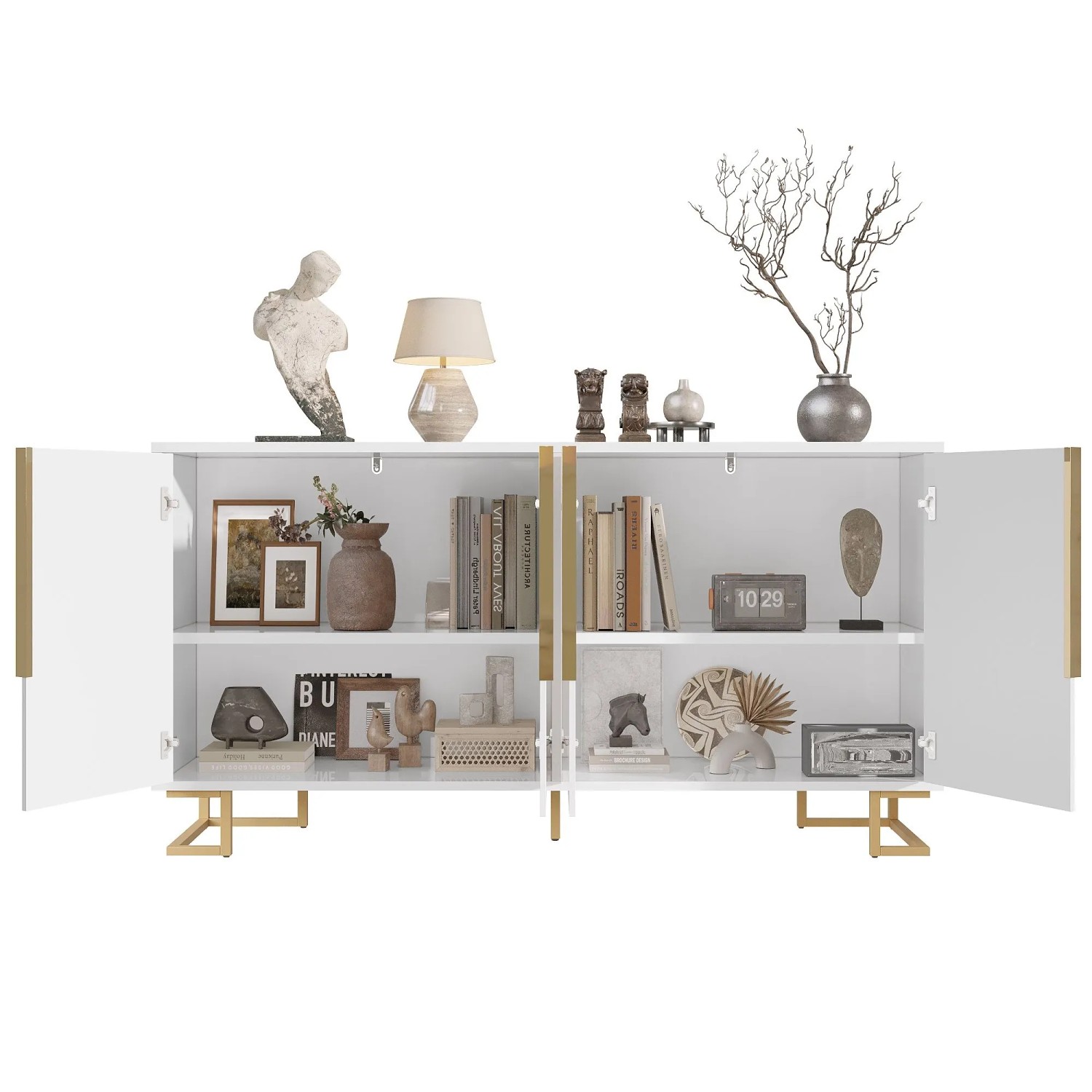 okwish Sideboard mit Geometrischem Design Goldene Griffe Wohnzimmer 152x40x75cm Weiß_9