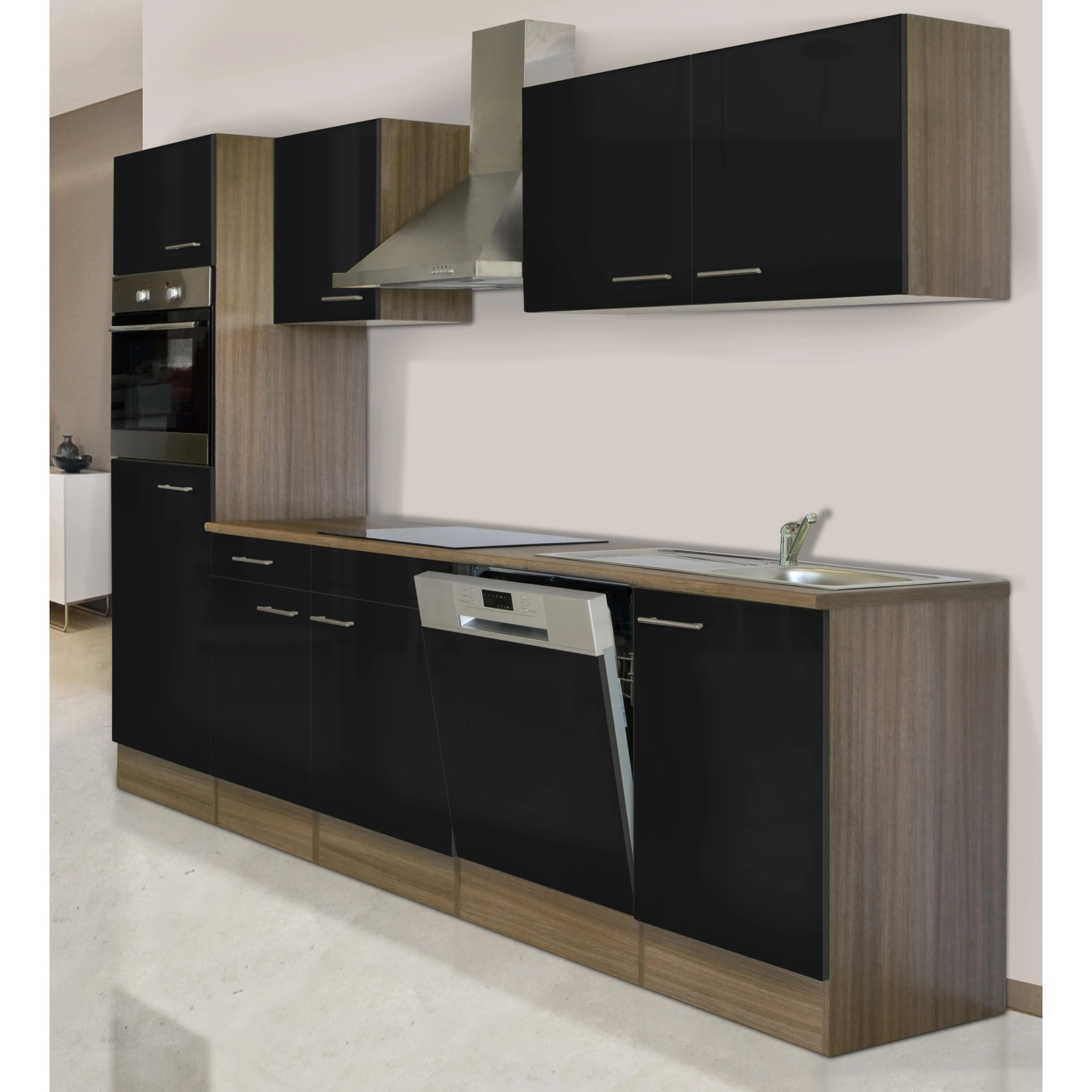 Respekta Küchenzeile KB280EYS, 280 cm, Schwarz Seidenglanz/Eiche York Nachbildung, mit E-Geräten.