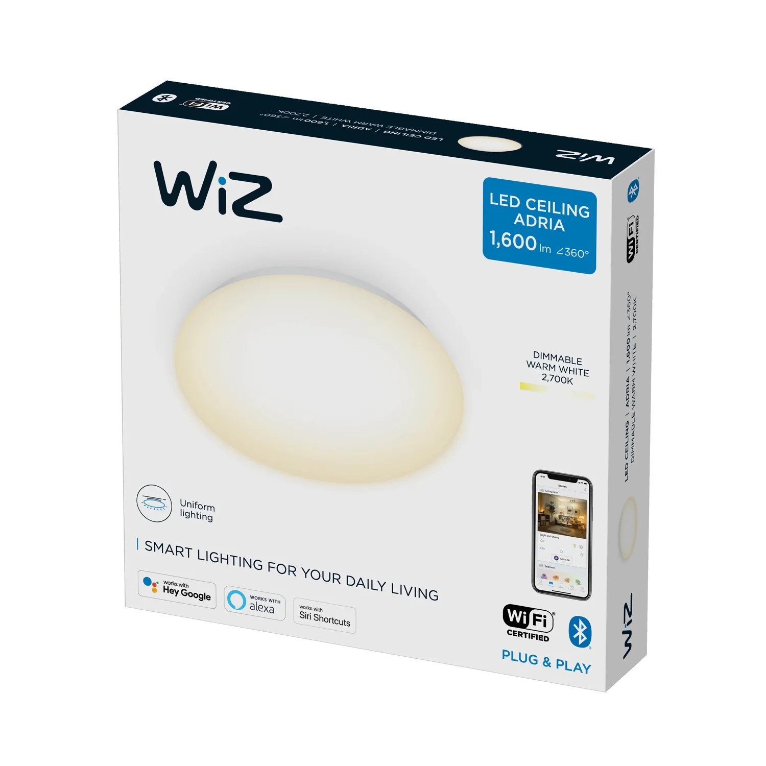 Verpackung der smarten WiZ LED-Deckenleuchte Adria, dimmbar, 32 cm Durchmesser.
