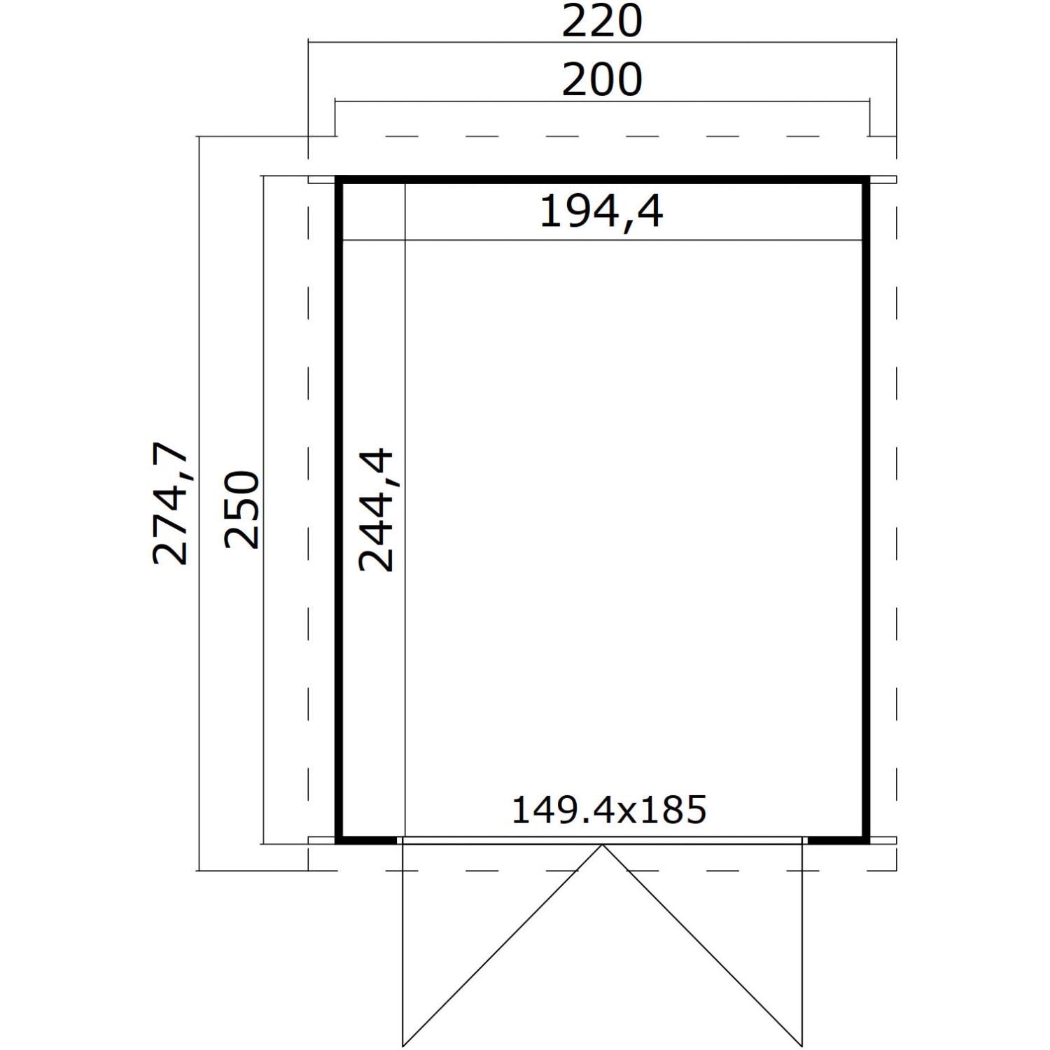 Skizze des Lasita Holz-Gartenhauses Zambezi 2 mit Maßangaben.