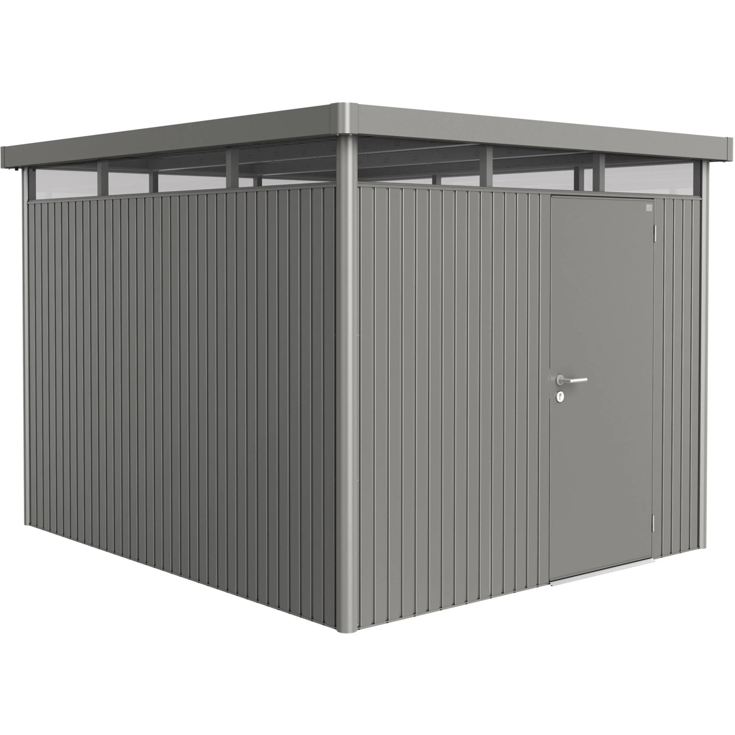 Biohort HighLine Gerätehaus aus Metall, Quarzgrau-Metallic, 7,6 m² mit Einzeltür.