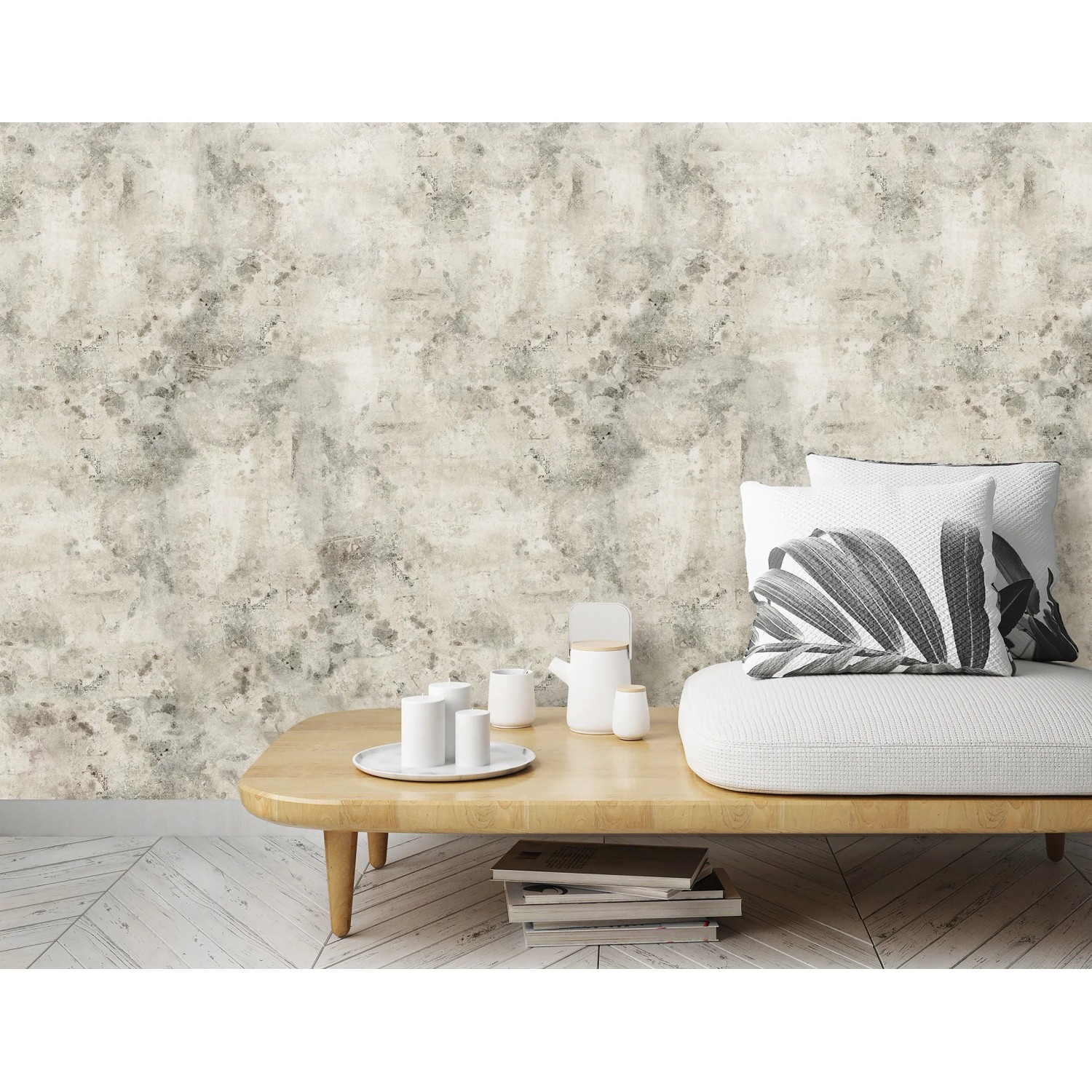 Marburg Vliestapete Marmoroptik in Greige, 270x159cm, an Wohnzimmerwand.