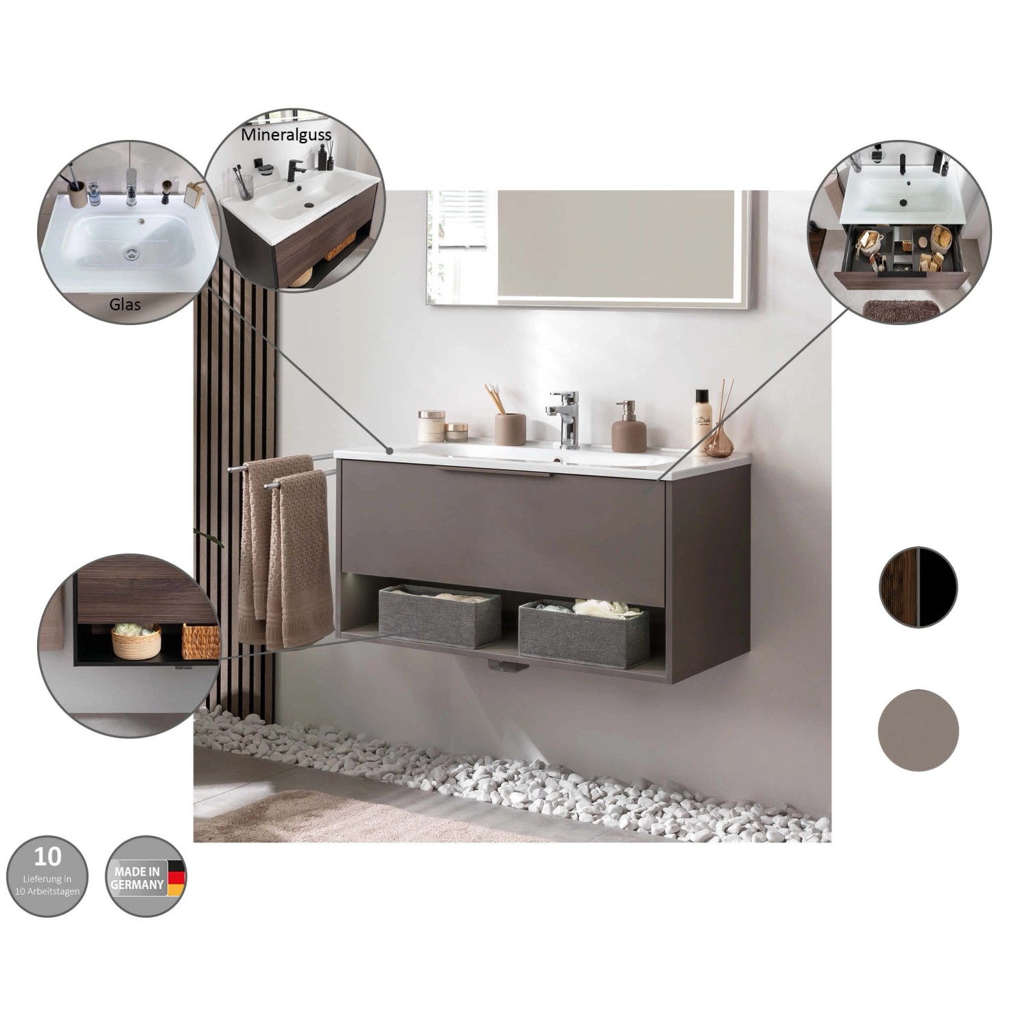 Fackelmann Waschtisch-Set B.Paris, 70,5 cm, Schwarz Matt/Rigoletto Eiche, mit Mineralgussbecken.