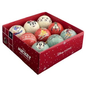 Disney Mickey Kugelbox mit 9 Christbaumkugeln in roter Geschenkbox.