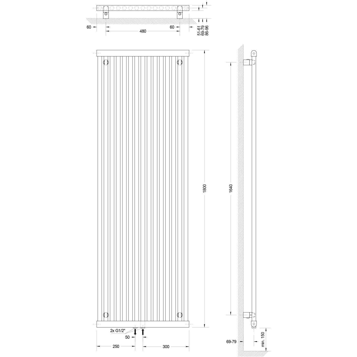 Technische Zeichnung: Schulte ExpressPlus Design-Heizkörper Kiel, Mittenanschluss, Maße und Details.