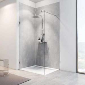 Schulte Duschrückwand ExpressPlus DecoDesign Softtouch Beton Grau, Duschbereich mit grauer Betonoptik.