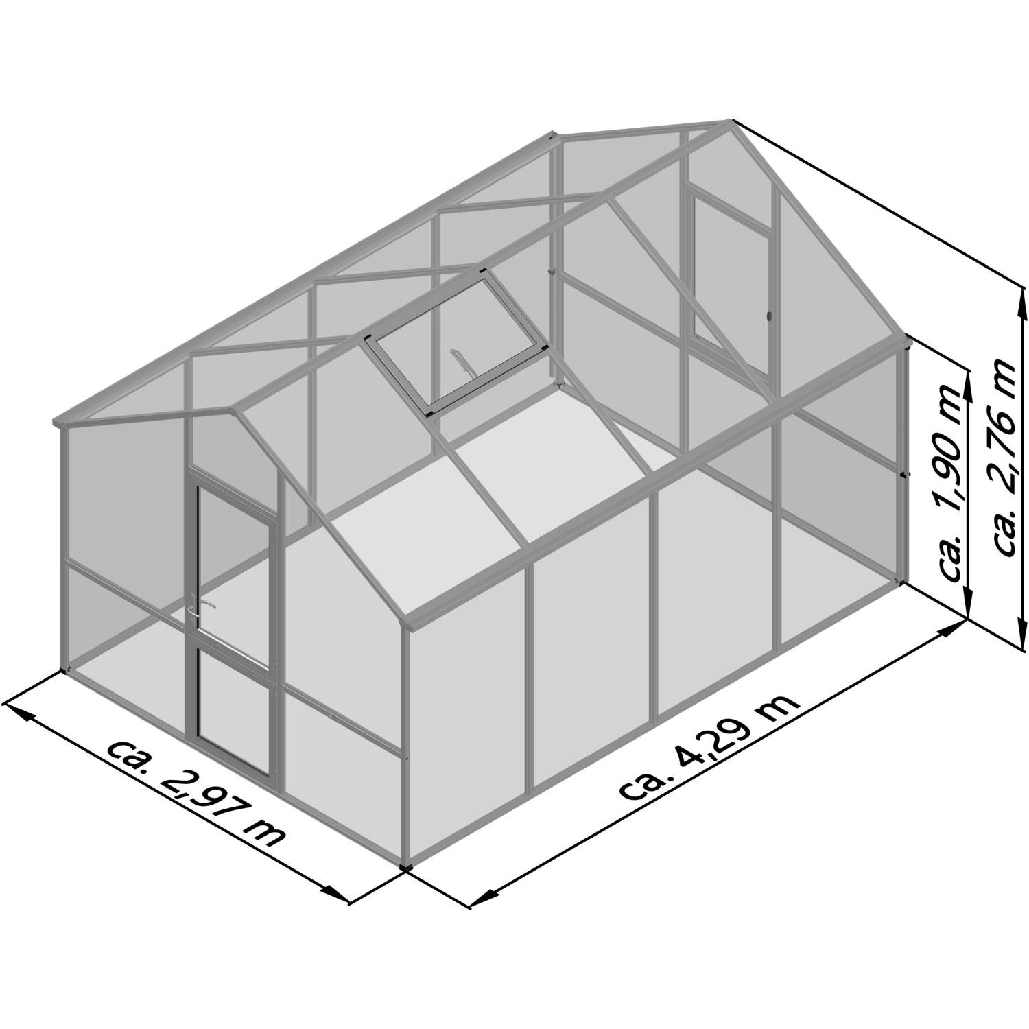 KGT Gewächshaus Alu blank, 12,74 m², mit Dachfenster und Maßen. Ideal für Pflanzenaufzucht.