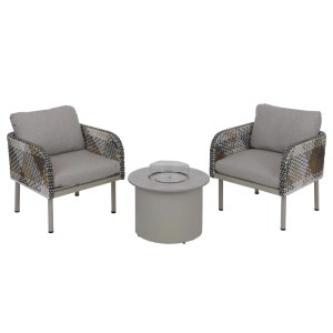 MCW Gartenmöbel-Set: 2 Stühle, Beistelltisch mit Feuerstelle, creme-beige Polster.
