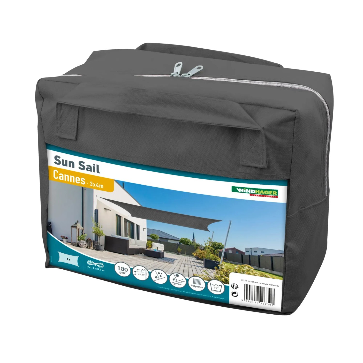 Verpacktes Sonnensegel Cannes RE 3 x 4 m in Anthrazit. Ideal für Garten, Terrasse oder Balkon.