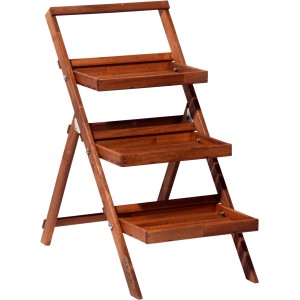 Klappbare, braune Dobar Blumentreppe aus FSC®-zertifiziertem Holz mit drei Regalen für Gartendekoration.