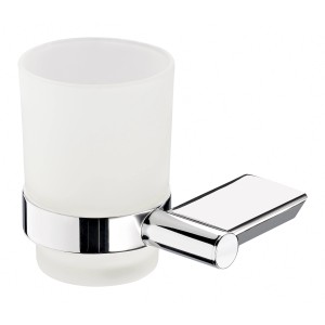 Zahnputzglas Veria: Milchglas-Becher mit verchromter Wandhalterung.