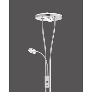 Moderner LED-Deckenfluter Helia in Stahl, mit Leseleuchte, höhenverstellbar von 187,5 bis 198 cm.