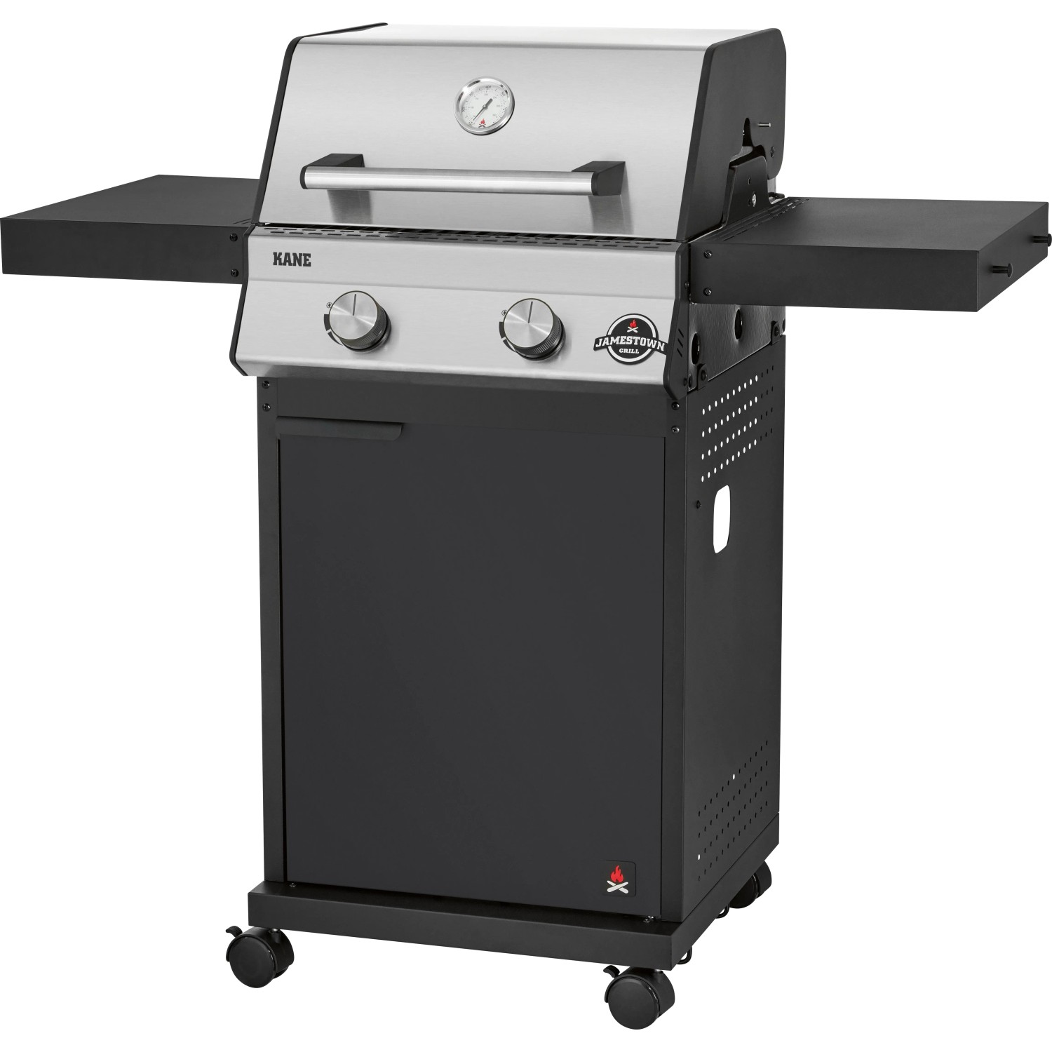 Jamestown 2-Brenner Gasgrill Kane mit Edelstahl-Deckel und schwarzen Seitentischen.