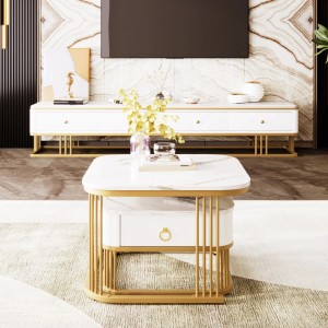 Weißer Couchtisch mit goldener Marmoroptik-Platte, Schublade und Metallgestell. Eleganter Wohnzimmertisch.