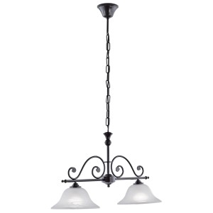 Schwarze Eglo Pendelleuchte Murcia mit zwei alabasterfarbenen Lampenschirmen.