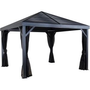 Anthrazitfarbener Sojag Pavillon South Beach 12x12 mit Spitzdach und Moskitonetzen.