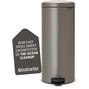 Brabantia Treteimer NewIcon 30 l Platinum, runder Mülleimer mit Tretfunktion und Ocean Cleanup Unterstützung.