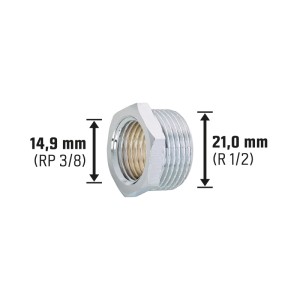 Verchromtes Messing Gewinde-Reduzierstück 14,9 mm (Rp 3/8) auf 21 mm (R 1/2) für Heizung und Wasser.