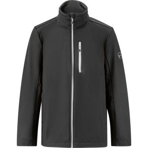 Schwarze Softshell-Jacke für Bau-Arbeitsbekleidung. Wasserabweisend, mit Reißverschluss, Fleece-Futter und reflektierenden Details.