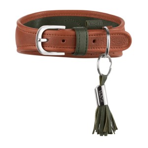 Hunter Windhundhalsband Portofino in Cognac/Oliv, Lederhalsband mit Quaste und Metallschnalle.