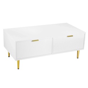 Merax Couchtisch Weiß mit 2 Schubladen Goldene Akzente Rillenoptik Wohnzimmertisch