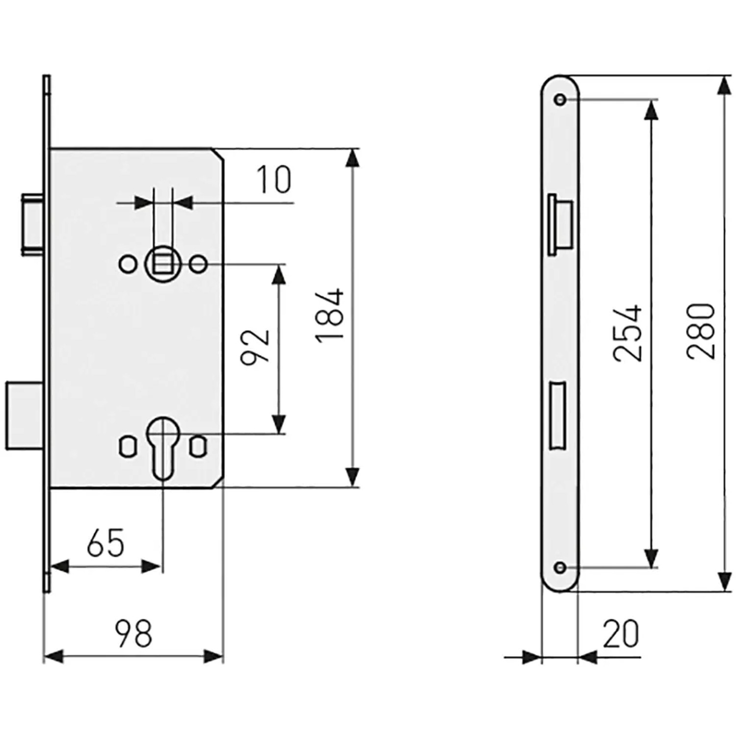 Abus Haustür-Einsteckschloss DIN L Silber, Schema mit Maßen für Montage und Einbau.