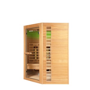 Redsun Deluxe Infrarotkabine XXL aus Tannenholz mit Glastür und seitlichen Lichtelementen.