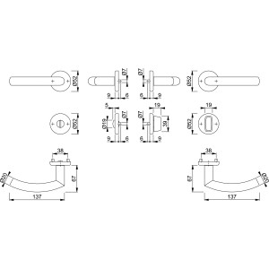 Technische Zeichnung: Hoppe Rosetten Garnitur Narvik Edelstahl Matt WC, Maße und Details.