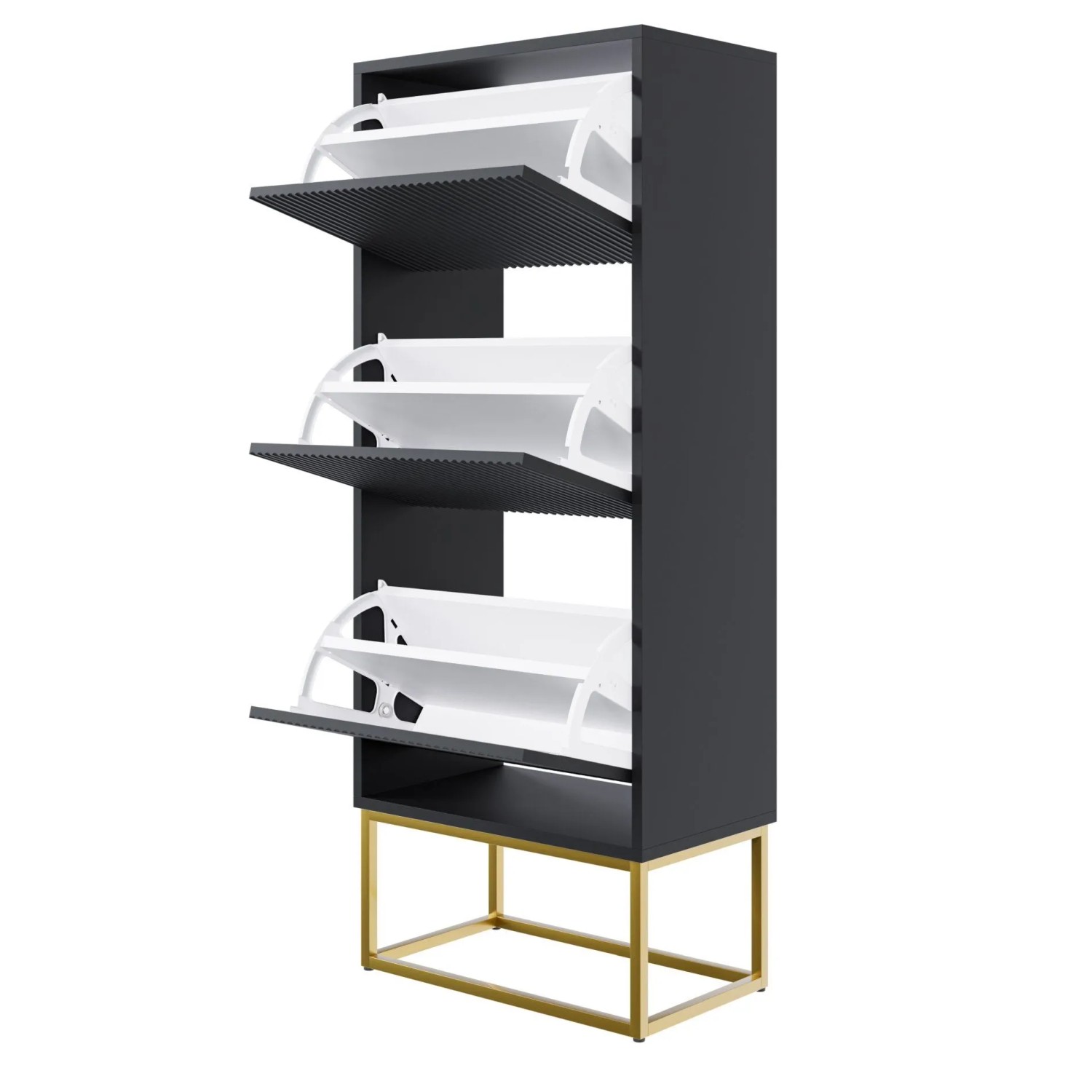 Selsey Schuhschrank Veldio Rillenfront Goldfarbenes Gestell Schwarz 50 cm_4