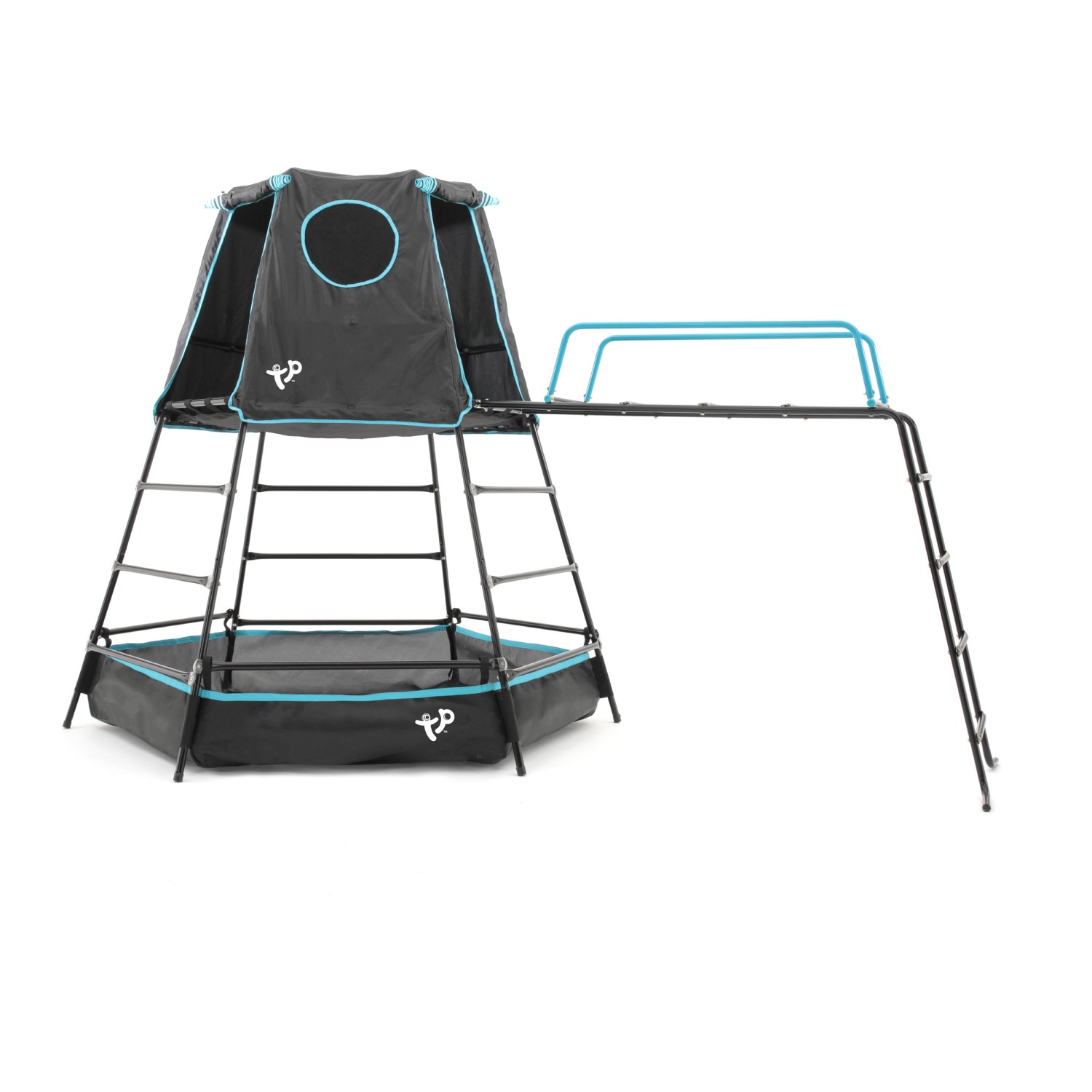 TP Toys Klettergerüst Explorer, schwarz, mit Spielturm, Kletterwand und Sandkasten.