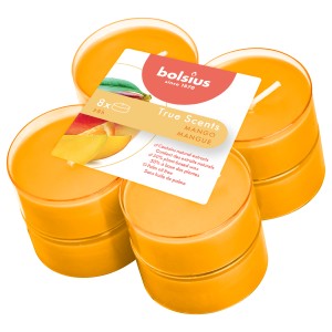 Bolsius Maxi-Teelichter True Scents Mango, 8er-Pack, orangegelbe Duftkerzen für tropisches Ambiente.