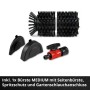 Zubehör für Einhell Akku-Oberflächenbürste PICOBELLA: Bürste Medium, Seitenbürste, Spritzschutz und Gartenschlauchanschluss.