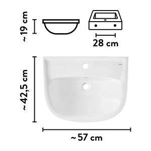 baliv Waschtisch Glasgow, weiß, 57 cm, mit Maßangaben als Strichzeichnungen.