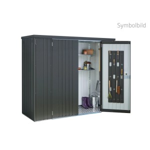 Dunkelgrauer Biohort Metall-Geräteschrank mit offener Tür, Regalen und Ordnungssystem für Gartenutensilien.