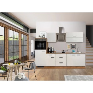 Helle Küchenzeile Vintea 270 cm in Magnolia-Lancelot Oak mit E-Geräten wie Backofen und Dunstabzugshaube.