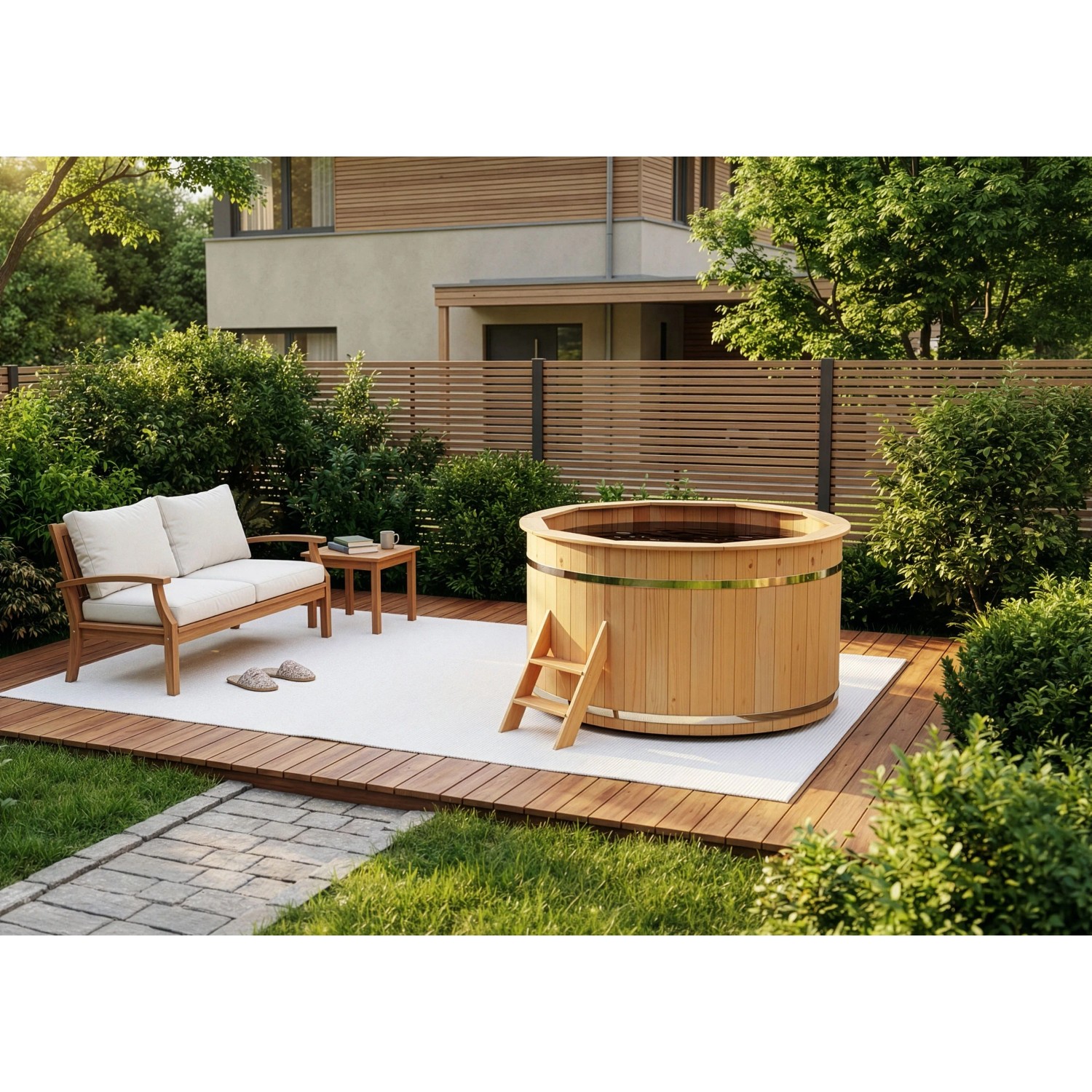 Finntherm Holz-Badefass Bergen, Ø 180 cm, mit Leiter im Garten.