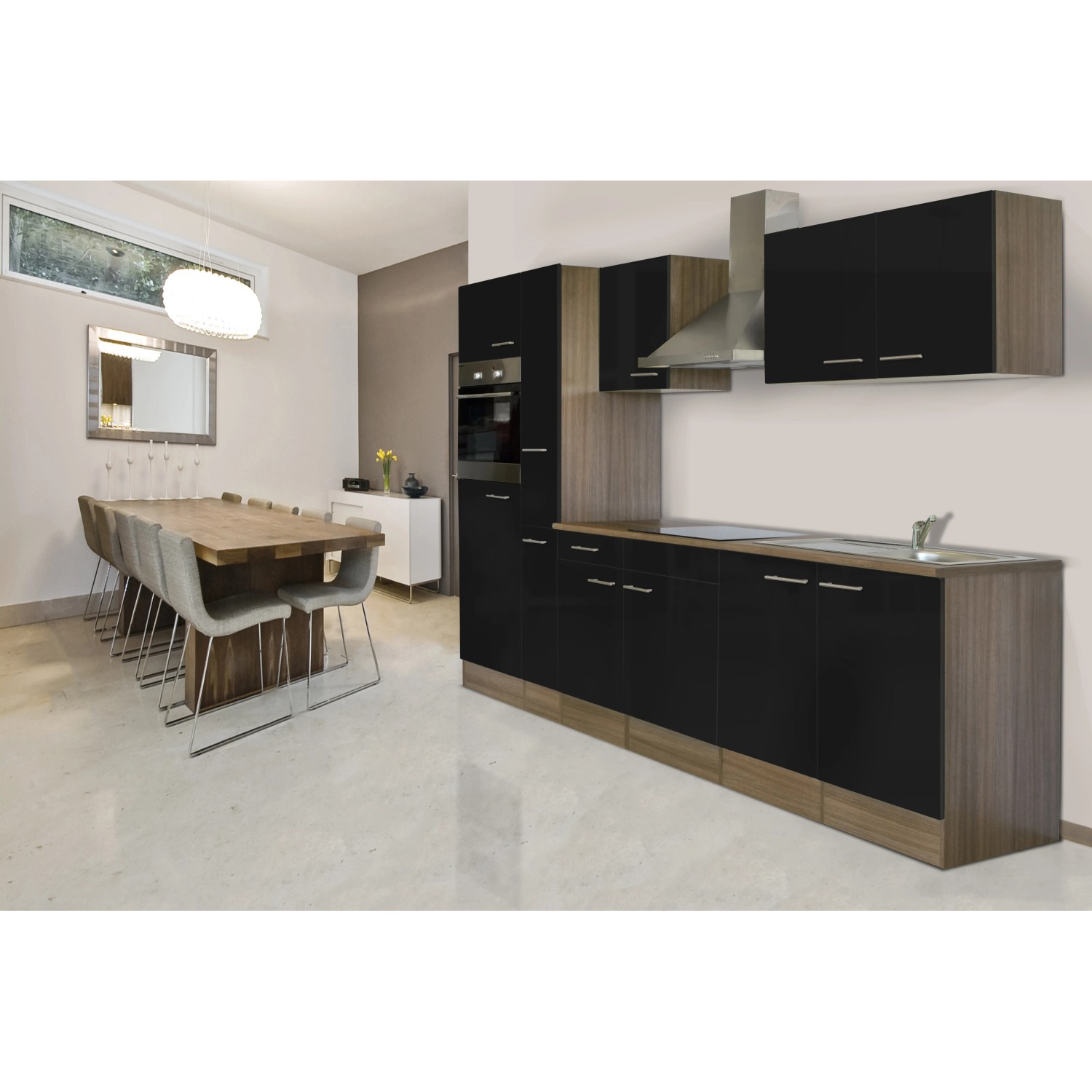 Respekta Küchenzeile KB300EYS, 300 cm, Schwarz Seidenglanz/Eiche York Nachbildung, mit E-Geräten.