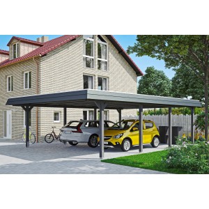 Skan Holz Doppelcarport Wendland in Schiefergrau mit zwei geparkten Autos.