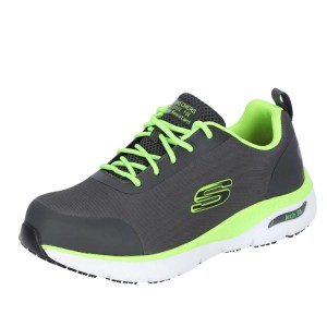 Grauer Skechers Sicherheitsschuh Ringstap Arch Fit S3 für Herren mit limettenfarbenen Akzenten, Stahlkappe.