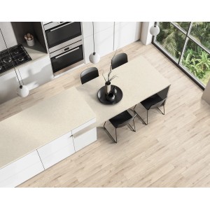 Helle Kaindl Arbeitsplatte Limestone in moderner Küche, Vogelperspektive.