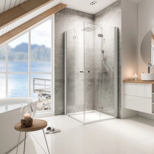 Schulte Drehfalttür Eckeinstieg Garant, 80x90x200 cm, mit klappbaren Glastüren in modernem Bad.