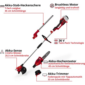 Einhell Akku-Multifunktionswerkzeug: Hochentaster, Heckenschere, Trimmer und Sense in einem Gerät.